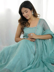 Sky blue Swarovski suit anarkali gown styled with dupatta, seated pose