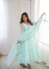 Sky Blue Thread Embroidered Anarkali Suit – Model with Faux Georgette Dupatta in Motion