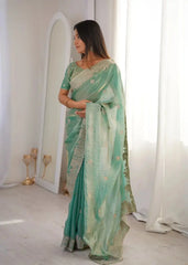 Sky Blue Zari Embroidered Saree back and side view showing drape