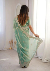 Sky Blue Zari Embroidered Saree full back view of the drape