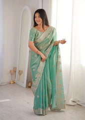 Sky Blue Zari Embroidered Saree with hotfix work, front drape view