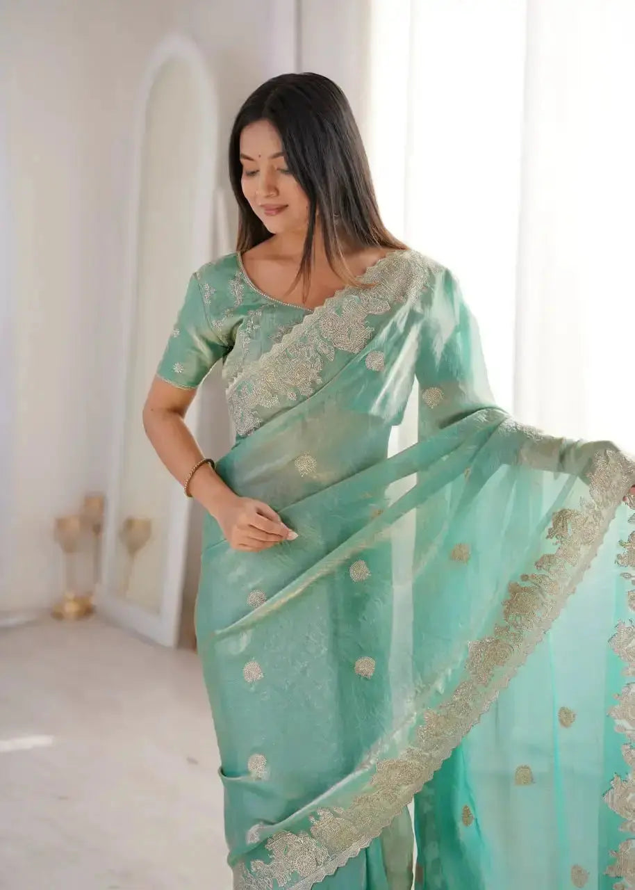Sky Blue Zari Embroidered Saree, close front drape with zari border