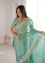 Sky Blue Zari Embroidered Saree, close front drape with zari border