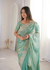 Sky Blue Zari Embroidered Saree front portrait with zari blouse detail