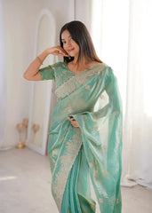 Sky Blue Zari Embroidered Saree close front view with zari border blouse