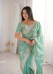 Sky Blue Zari Embroidered Saree close front view with hands clasped