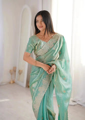 Sky Blue Zari Embroidered Saree close front view with hands clasped