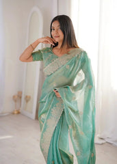 Sky Blue Zari Embroidered Saree close-up portrait with zari blouse