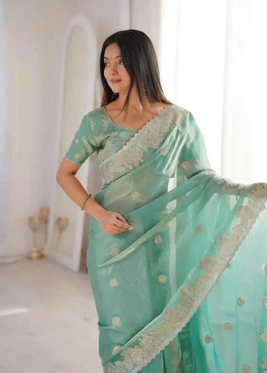 Sky Blue Zari Embroidered Saree pallu close-up showing hotfix embroidery