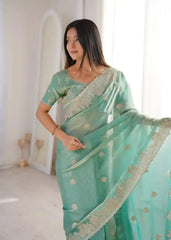 Sky Blue Zari Embroidered Saree pallu close-up showing hotfix embroidery