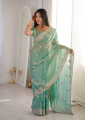 Sky Blue Zari Embroidered Saree pallu spread showing hotfix embroidery detail