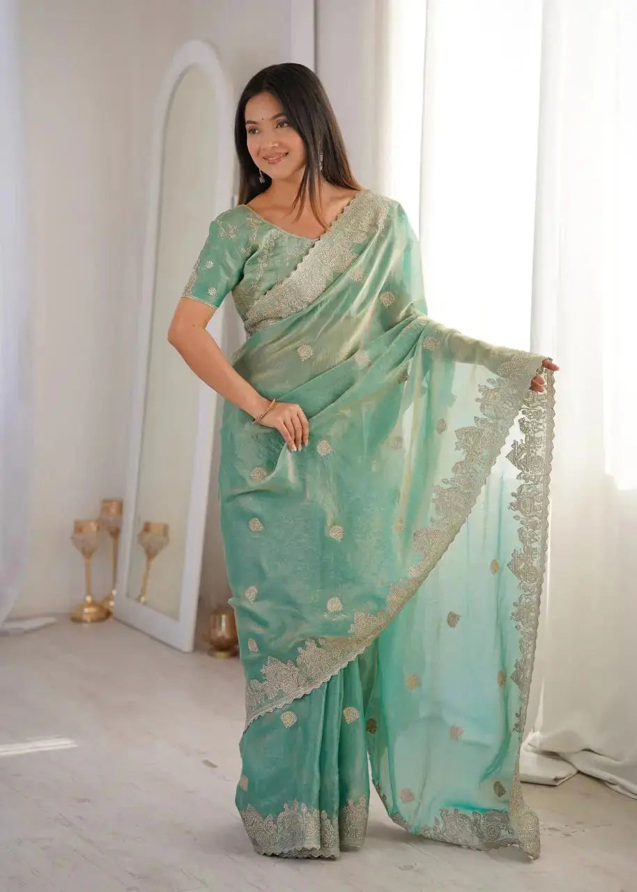 Sky Blue Zari Embroidered Saree pallu spread out showing zari border