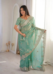 Sky Blue Zari Embroidered Saree pallu spread out showing zari border