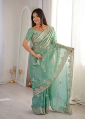 Sky Blue Zari Embroidered Saree pallu spread out showing zari border