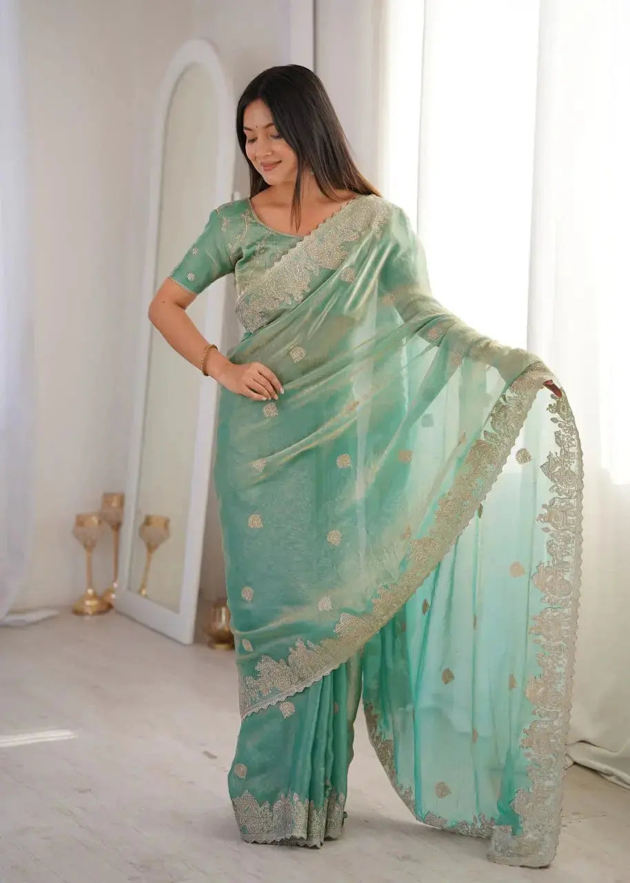 Sky Blue Zari Embroidered Saree side view with embroidered pallu
