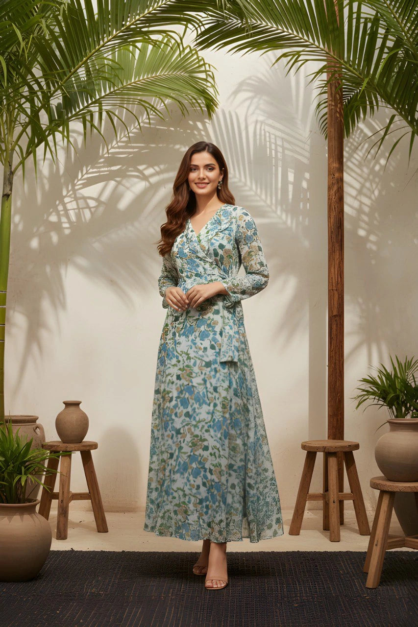 Woman in a floral dress standing in a room with plants and wooden stools.