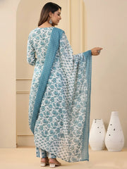 Woman wearing a floral dress with a blue dupatta in an indoor setting.