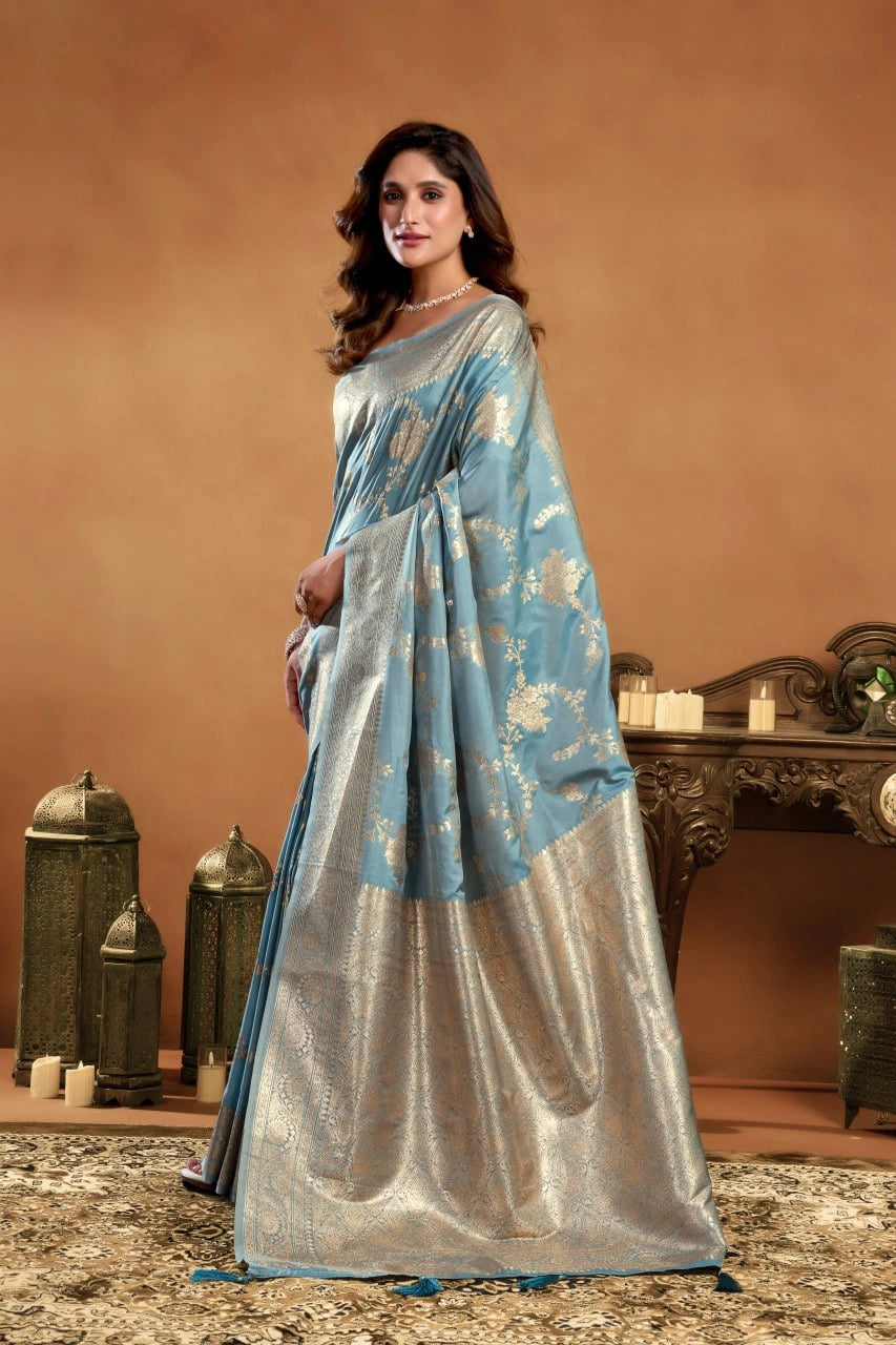 Woman wearing a blue and silver saree in an ornate setting