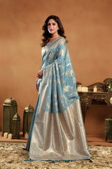 Woman wearing a blue and silver saree in an ornate setting