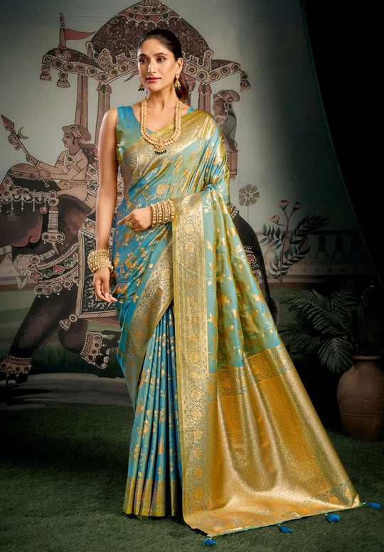 Woman in a traditional saree with a decorative background