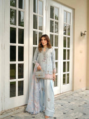 Sky blue satin silk suit with sequins embroidery displayed on Shopify product page