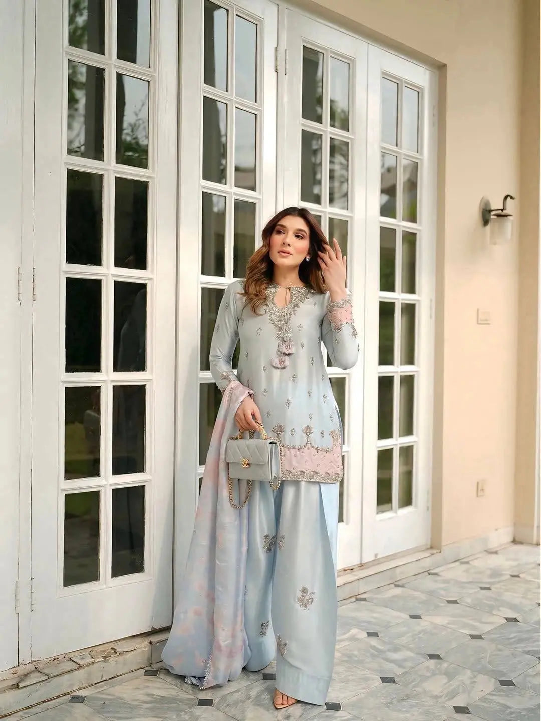 Elegant Japan satin silk suit in sky blue featuring delicate sequins work