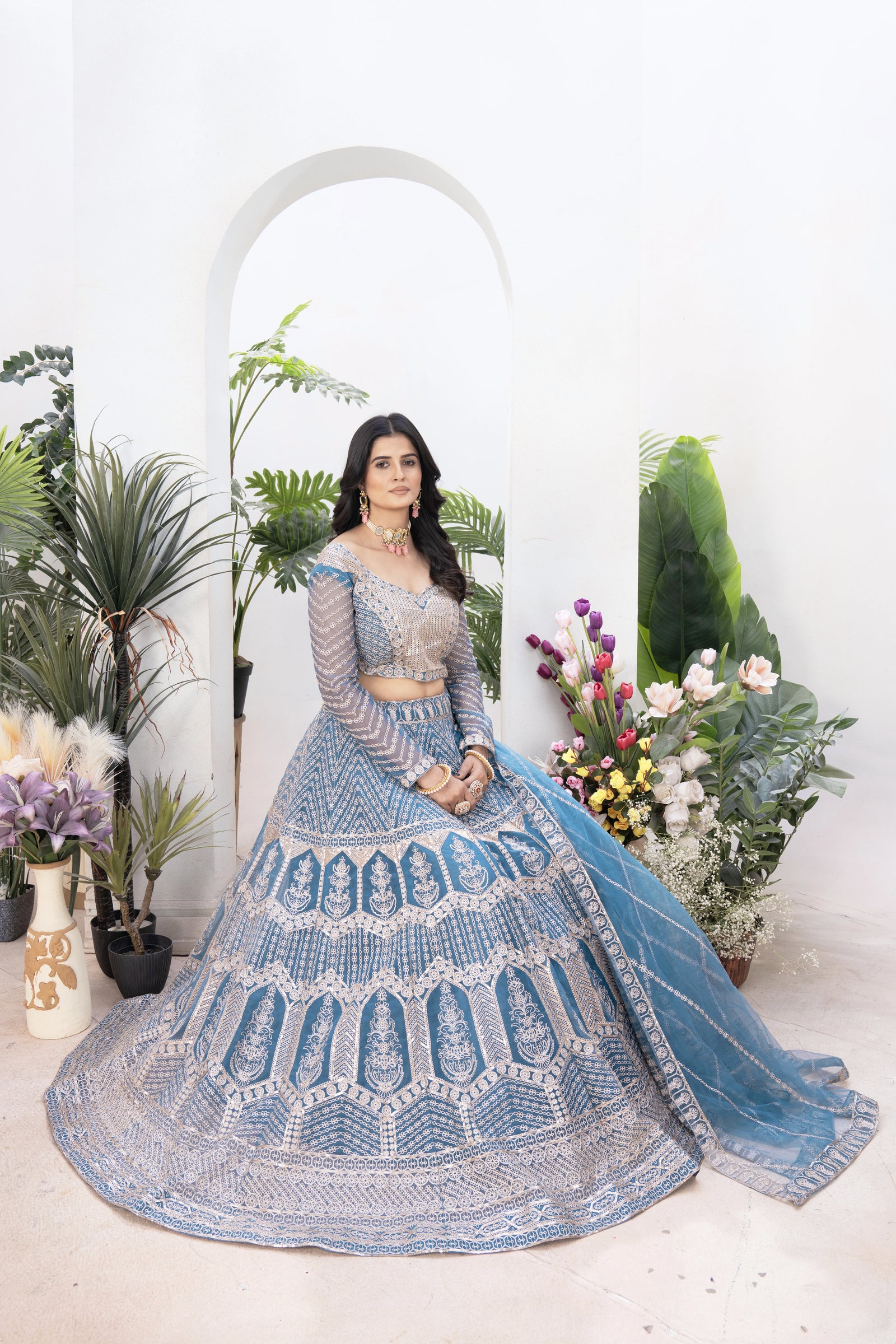 Sky Blue Sequins Zari Embroidered Butterfly Net Lehenga