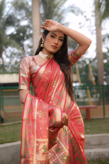 Soft Peach Ikkat Patola Weaving Organza Silk Saree