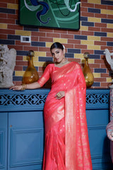Soft Peach Zari Weaving Banarasi Raw Silk Saree
