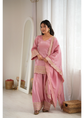 Soft Pink Roman Silk Suit – Front View with Dupatta Draped