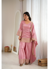 Soft Pink Sequins Zari Work Suit – Side View with Dupatta Flying
