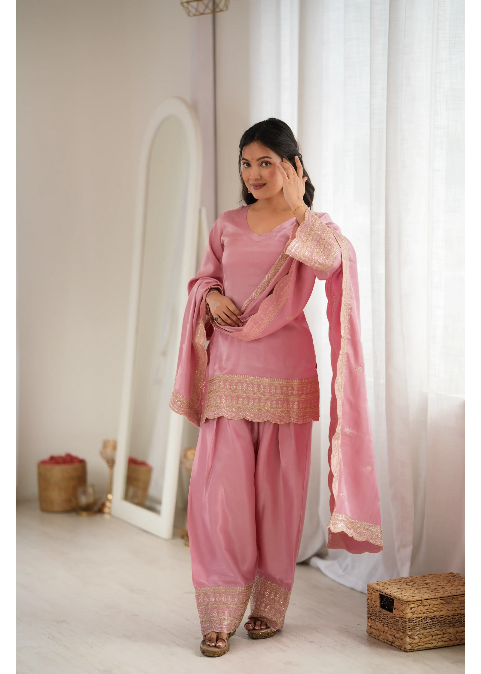 Soft Pink Shalwar Suit with Full Sleeves – Front Arm Raised View