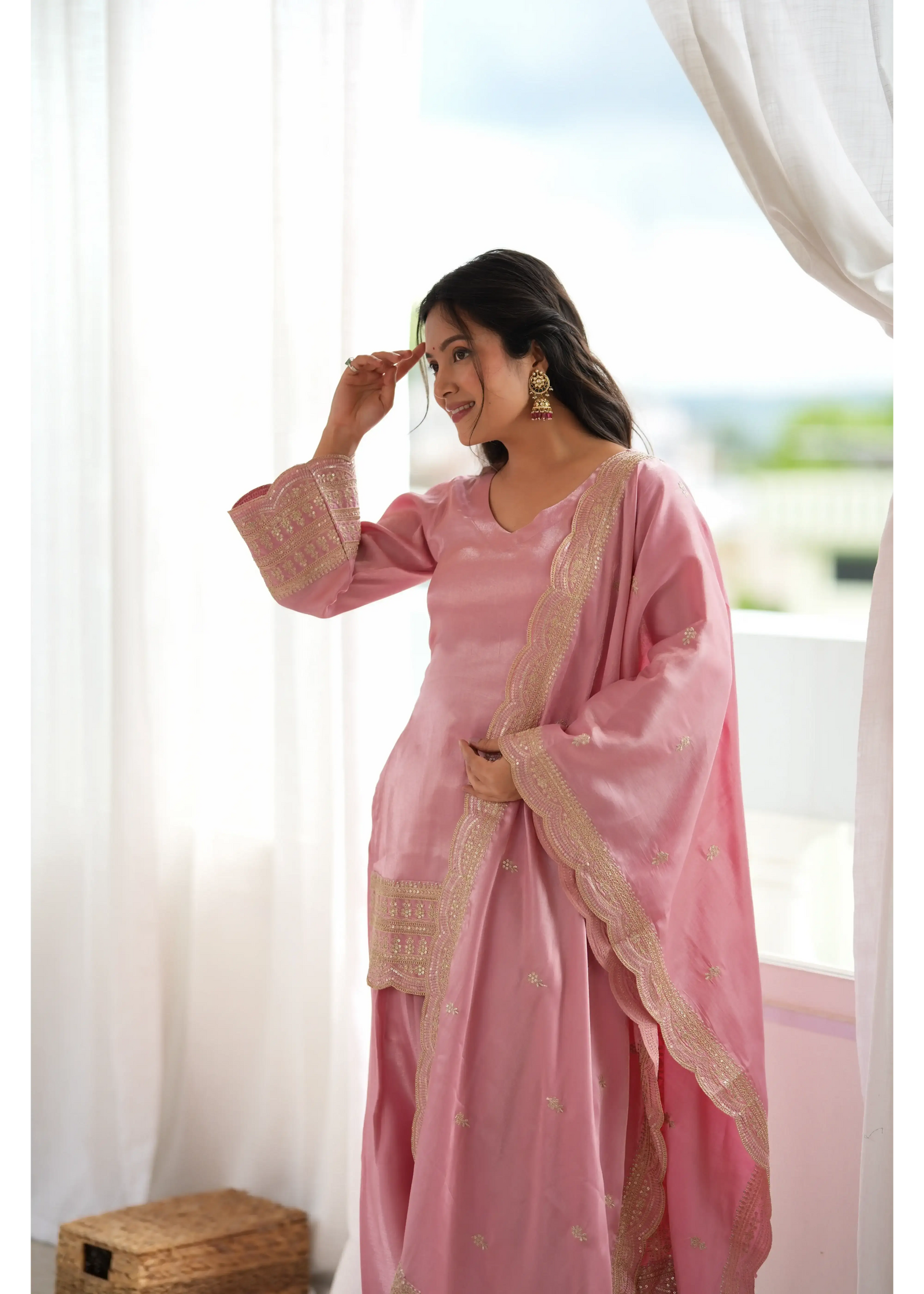 Soft Pink Roman Silk Blend Suit – Outdoor Window Close Up View