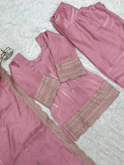 Scalloped Zari and Sequins Hem Border Close Up on Soft Pink Roman Silk Suit