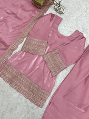 V-Neck and Scalloped Border Close Up on Soft Pink Sequins Embroidered Suit