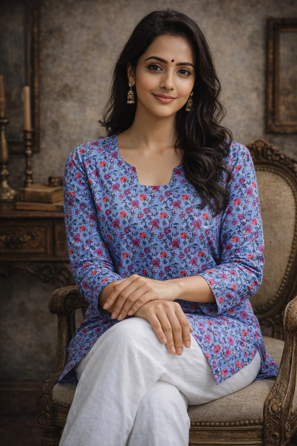 Woman in a blue floral kurta sitting on an ornate chair.