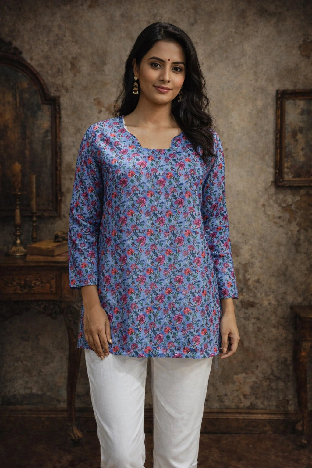 Woman wearing a blue floral top and white pants in a rustic setting