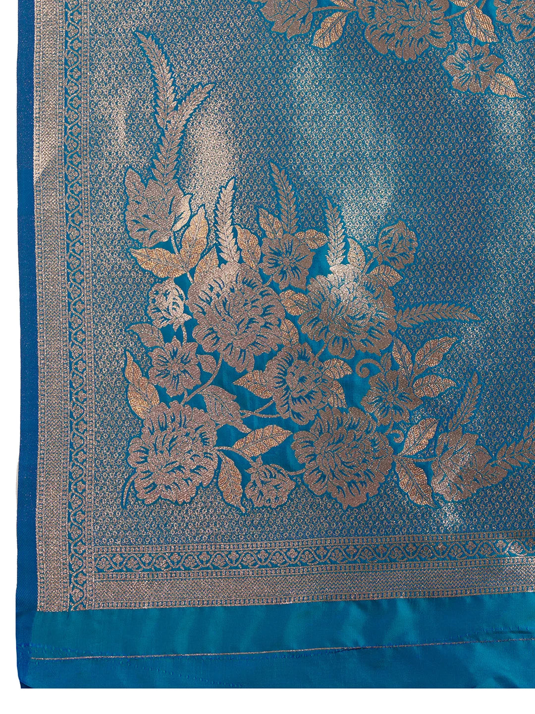 Blue fabric with silver floral embroidery