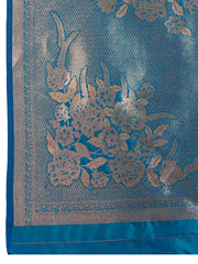 Blue fabric with silver floral embroidery