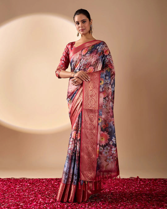 Soft Peach Digital Print & Zari Woven Border Soft Lichi Silk. – Kalyanja