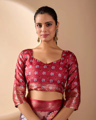 Soft Peach Digital Print & Zari Woven Border Soft Lichi Silk. – Kalyanja