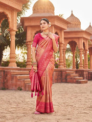 Woman in a traditional saree standing in front of architectural structures with a warm color palette.