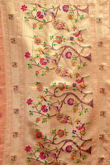 Beige fabric with colorful floral and bird embroidery