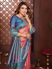 Woman wearing a colorful saree with a decorative background