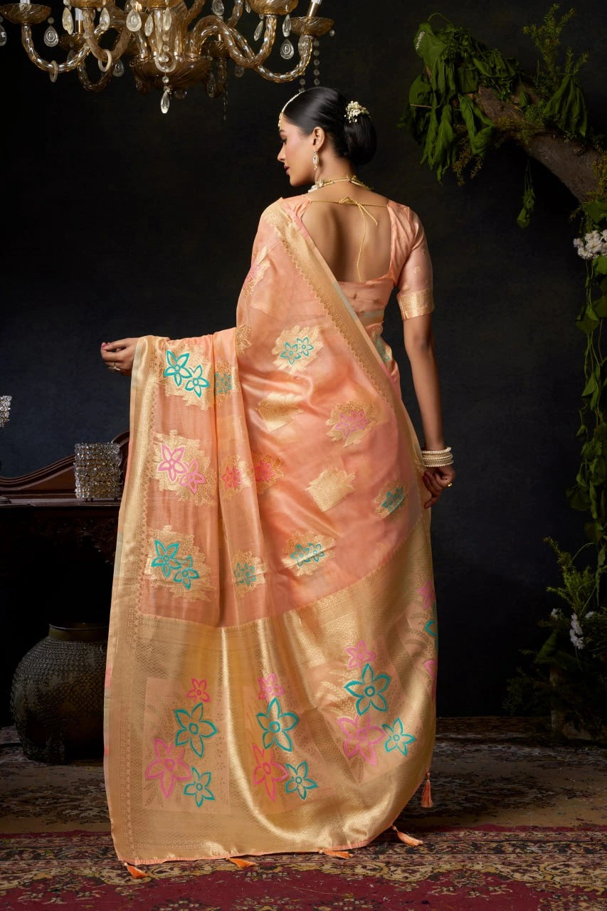 Woman in a peach saree with floral patterns standing against a dark background