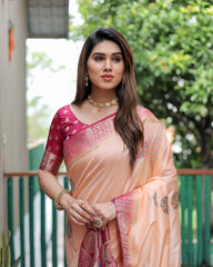 Woman wearing a peach and pink saree with a blurred green background