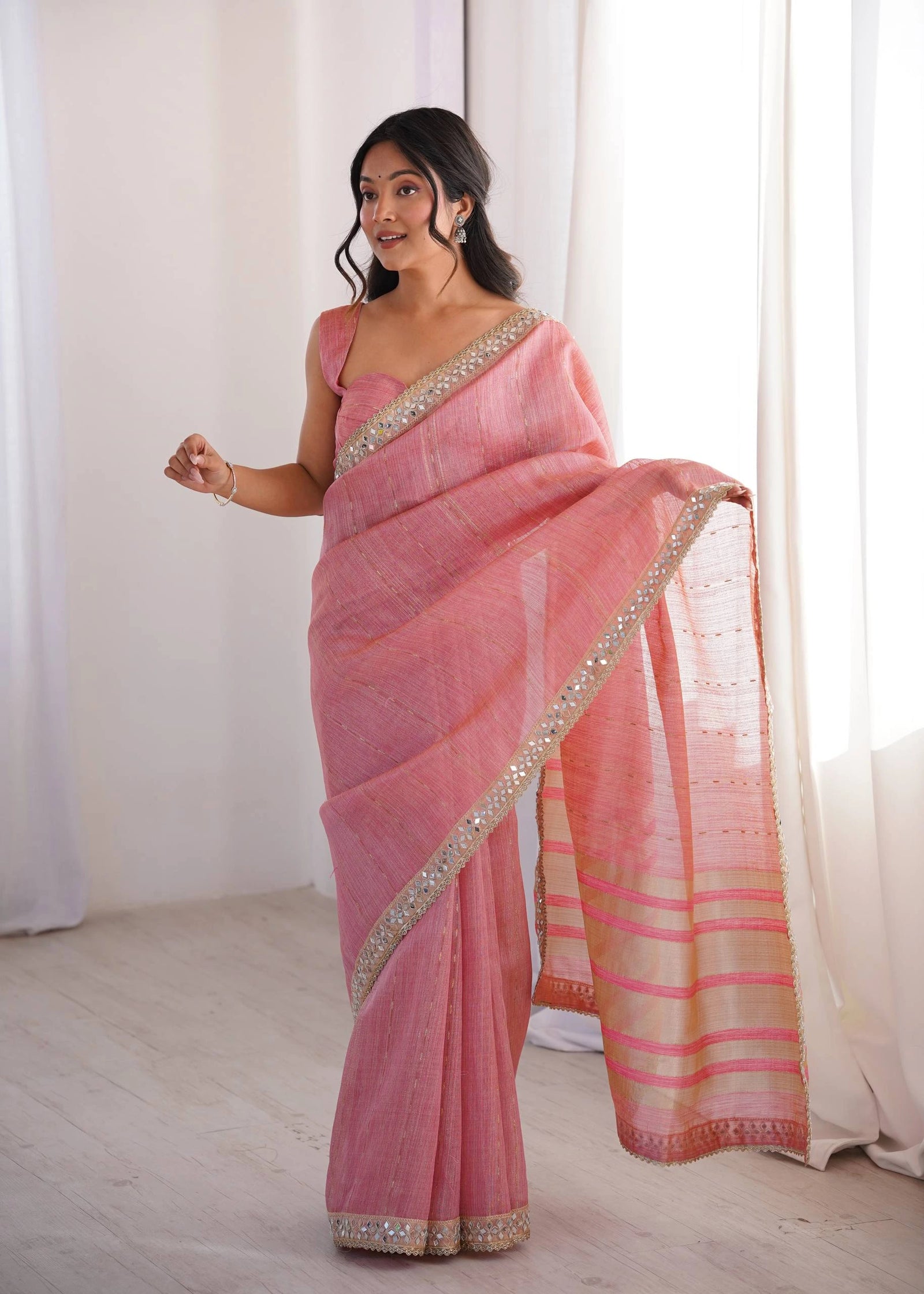 Soft Pink Embroidered with Zari Woven Embellishment Work Cotton Saree