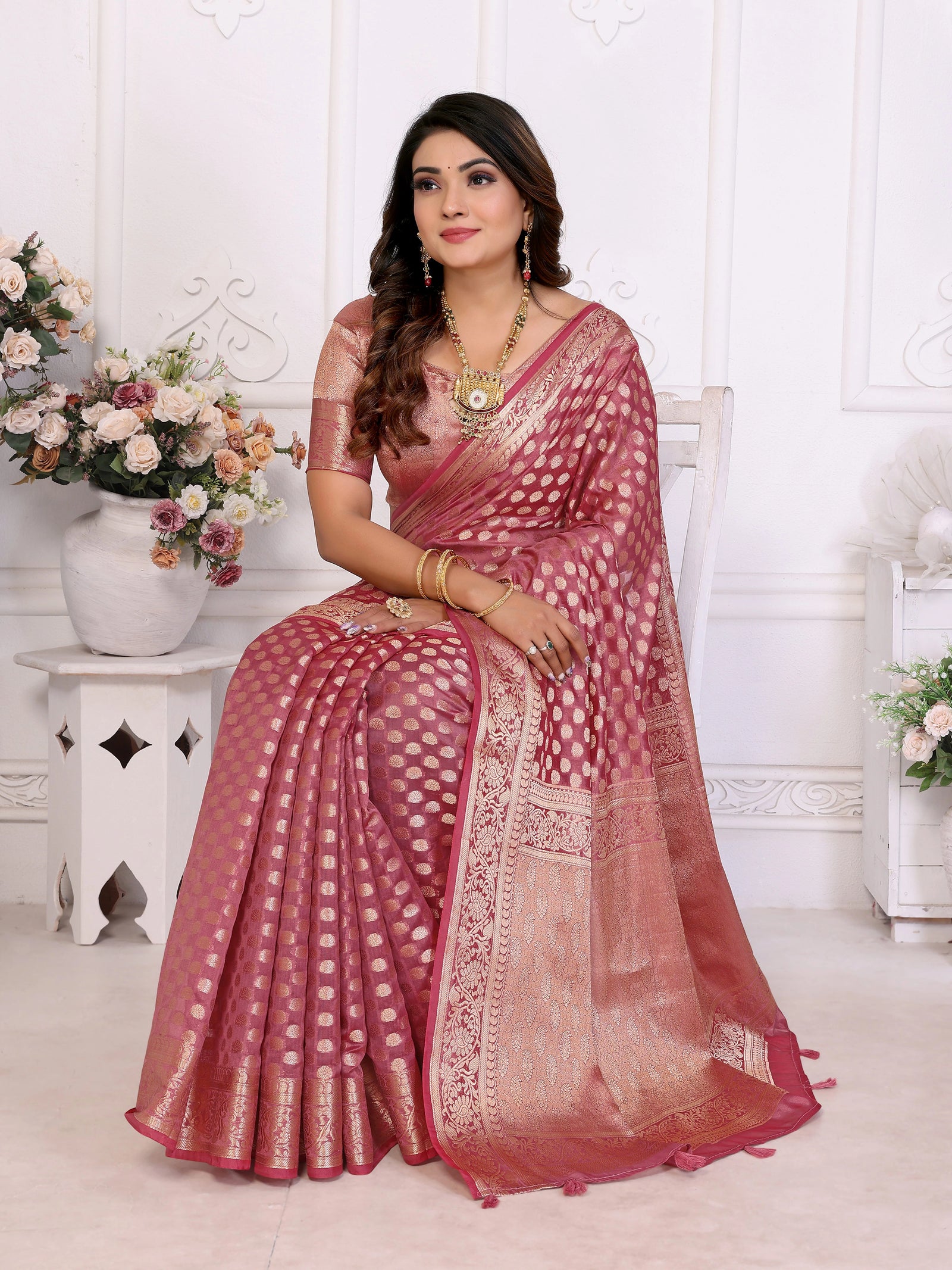 Soft Pink Gold Zari Weaving Soft Organza Banarasi Silk Saree – Kalyanja