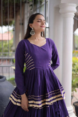 Beautiful Deep Purple Ethnic Lehenga with Full Sleeves, Tiered Ghera, and Festive Gota Patti Accents