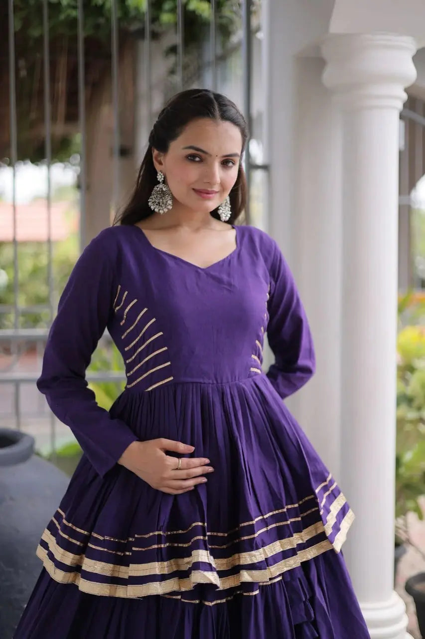 Elegant Royal Purple Lehenga Choli Set with Multi Layer Flare and Rich Golden Hemline for Wedding Functions